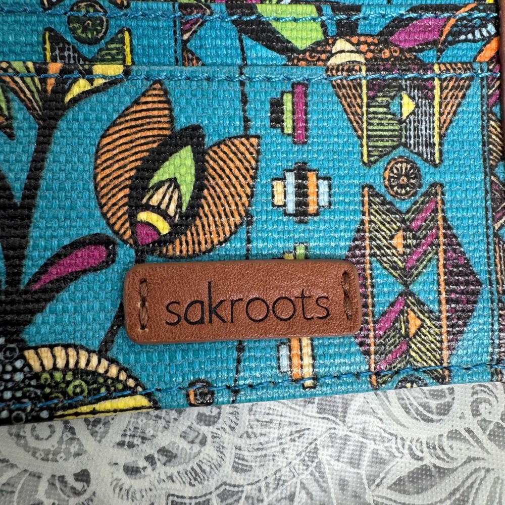 Sakroots Artist Circle ID Lanyard Wallet Teal Floral Owl Charm Tassel Boho